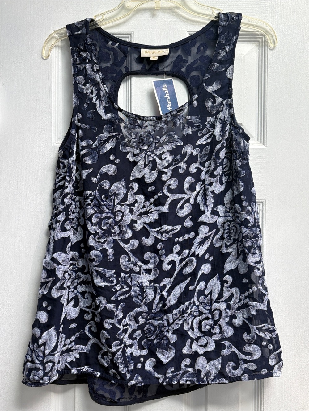 NWT ModCloth Navy Sleeveless Burnout Velvet Floral Sheer Tank Top Women's Size M